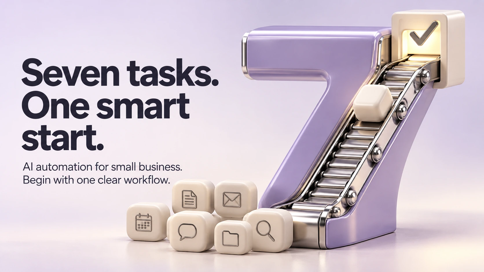 Seven tasks. One smart start. A lavender number seven incorporates a chrome conveyor and checkmark gate, with small business-task tiles below.