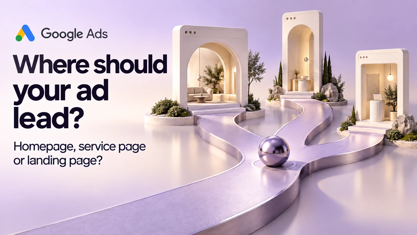 Google Ads logo and the words Where should your ad lead? Three lavender paths lead to different ivory website destinations.