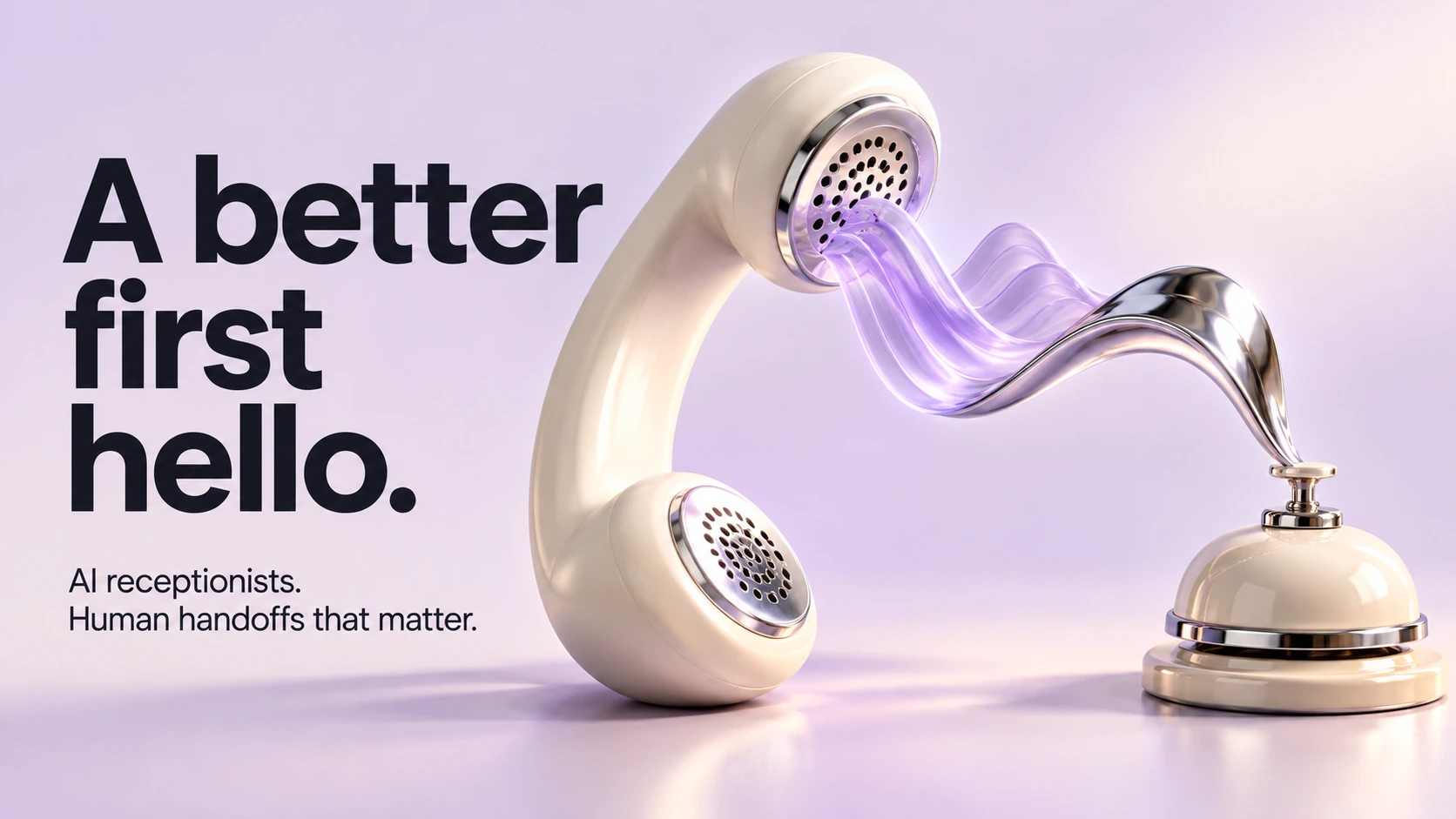 A better first hello. An ivory telephone receiver sends a lavender voice wave toward a reception bell, illustrating AI reception and a human handoff.