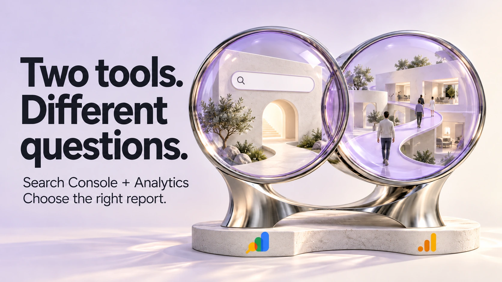 Two tools. Different questions. Two lavender lenses show search discovery and website activity, with Search Console and Google Analytics logos beneath them.