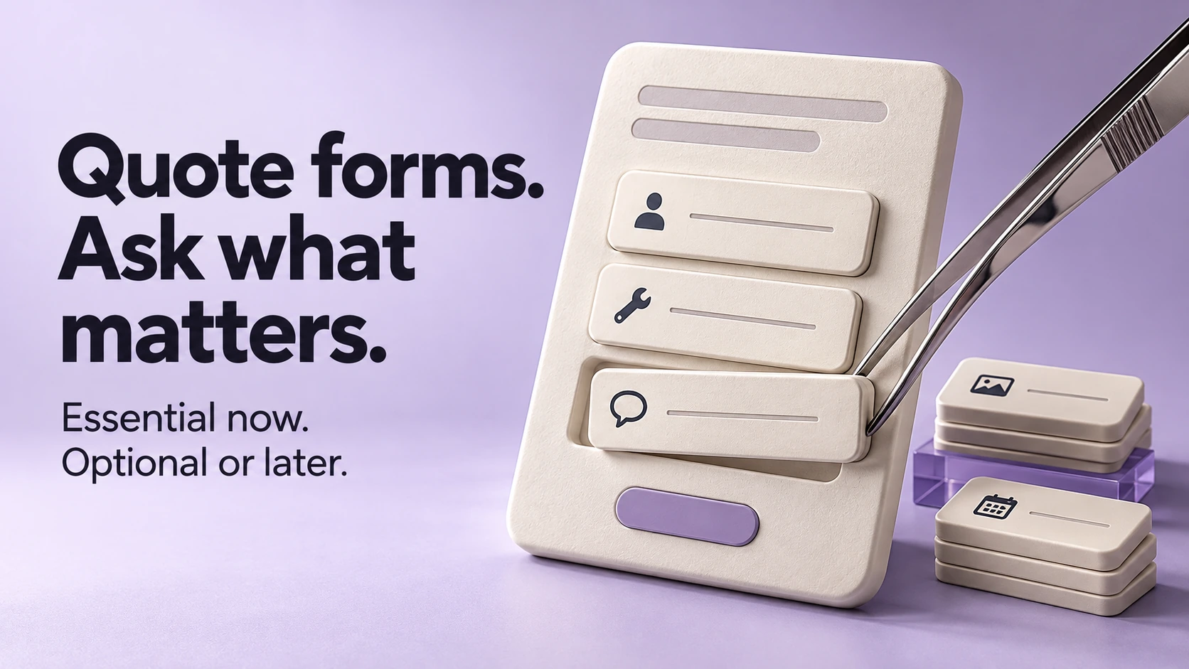 Quote forms. Ask what matters. Chrome tweezers select essential field tiles for an ivory form while optional fields remain beside it.