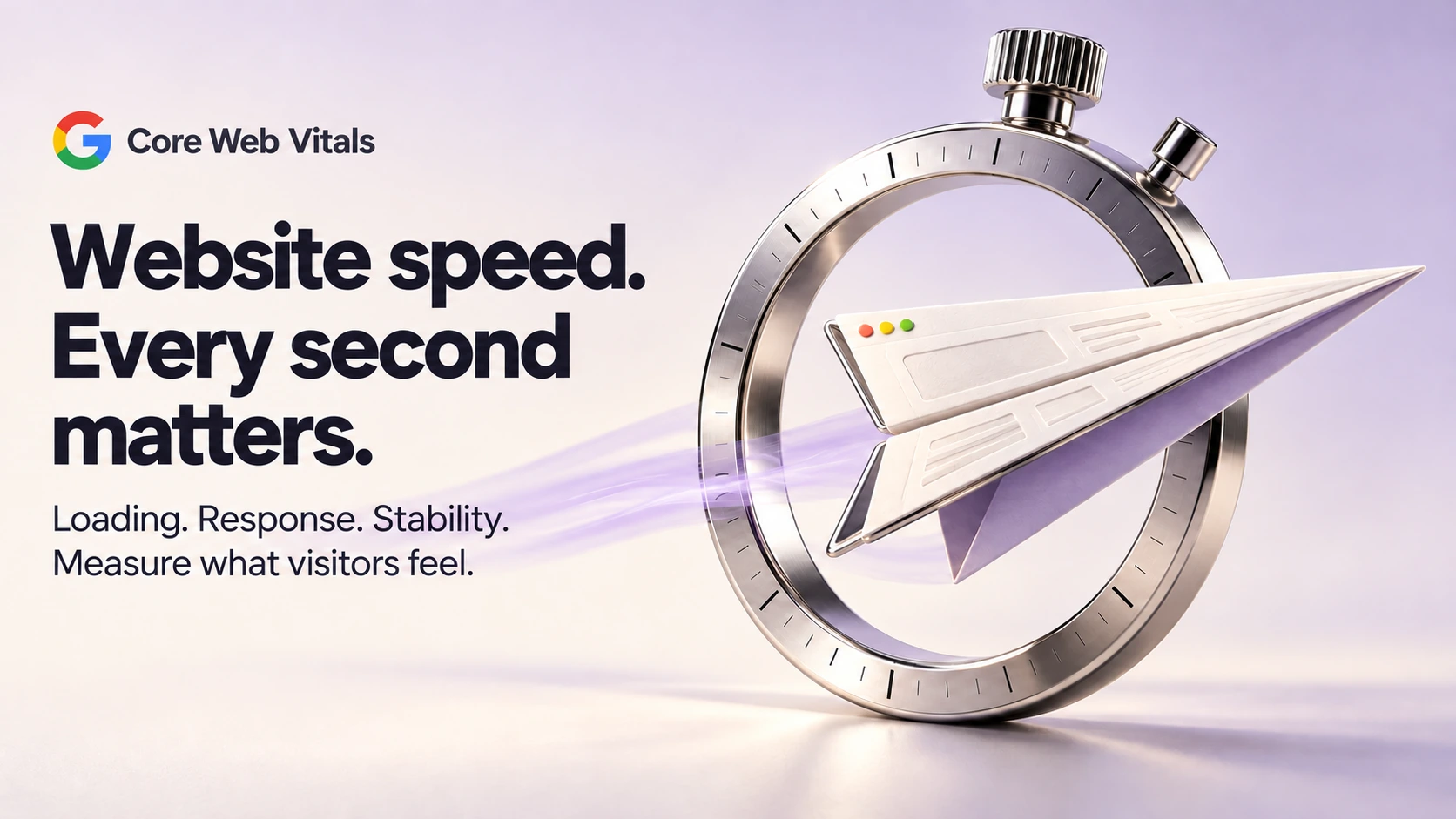 Website speed. Every second matters. A website folded into a paper plane passes through an open chrome stopwatch, with a Google Core Web Vitals label.