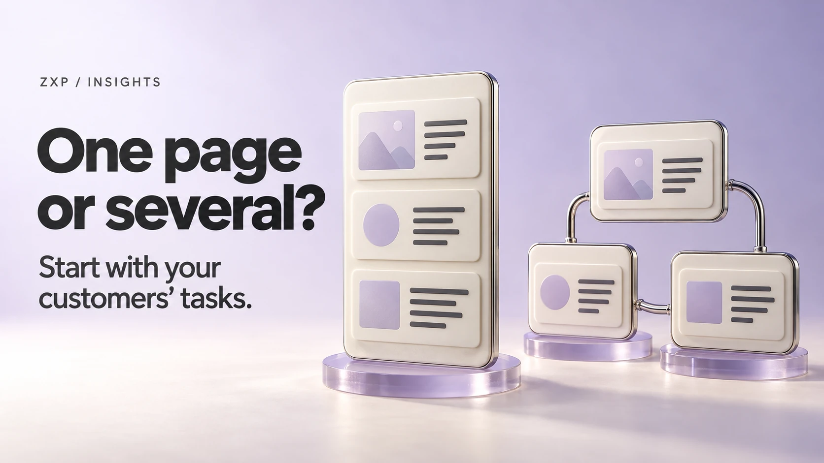 One page or several? Start with your customers’ tasks. An ivory card with three sections stands beside three chrome-linked cards on lavender bases.