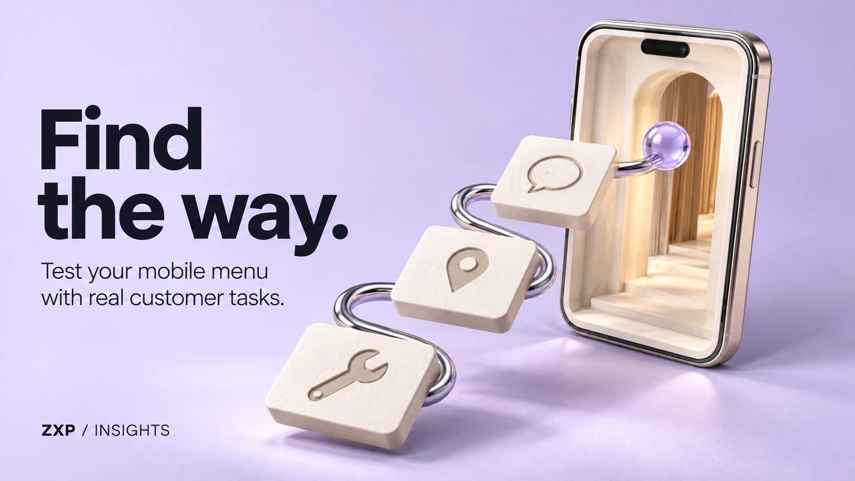 Find the way. An ivory phone-shaped doorway connects to service, location and enquiry symbols along a chrome route on a lavender background, with ZXP Insights branding.