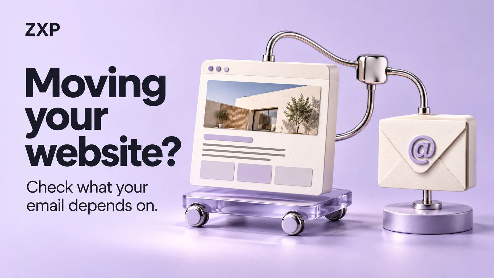 ZXP cover: Moving your website? Check what your email depends on. An ivory website panel on a lavender moving platform connects to a separate email envelope.