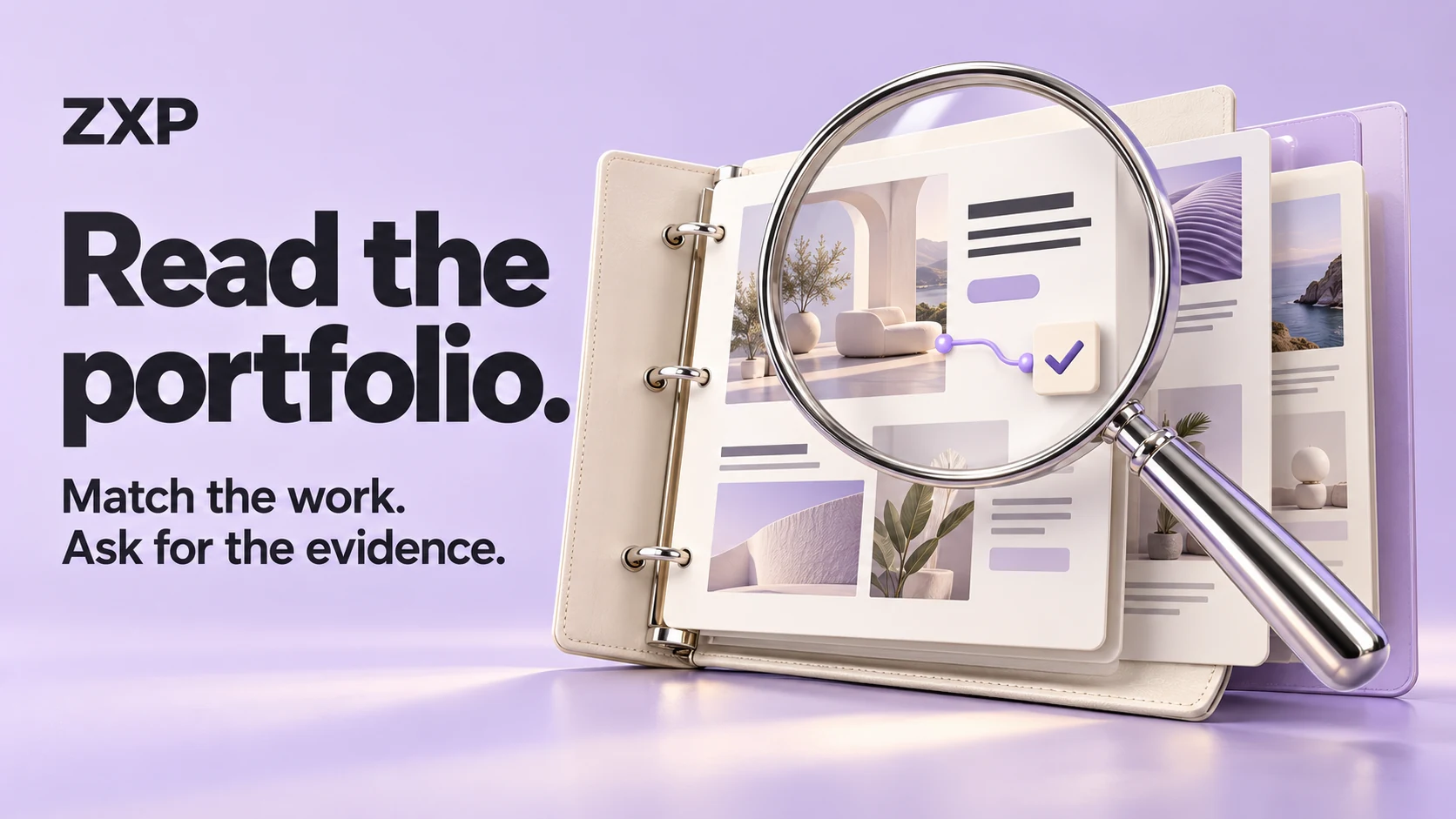 ZXP cover: Read the portfolio. Match the work. Ask for the evidence. A chrome magnifying glass examines layered ivory website cards in a portfolio binder.