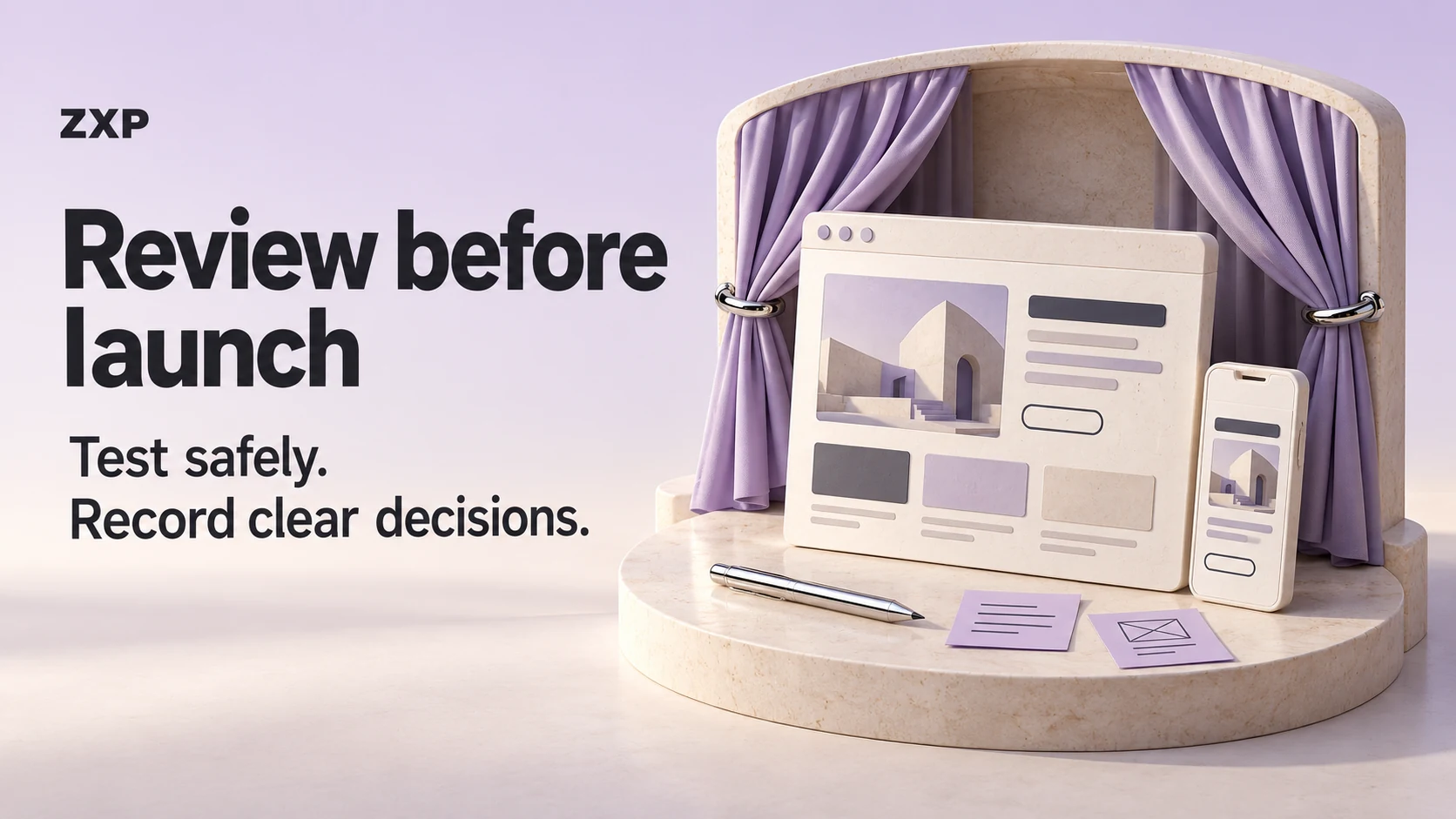 A miniature website and phone on a lavender-curtained rehearsal stage beside “Review before launch”, “Test safely” and “Record clear decisions”.