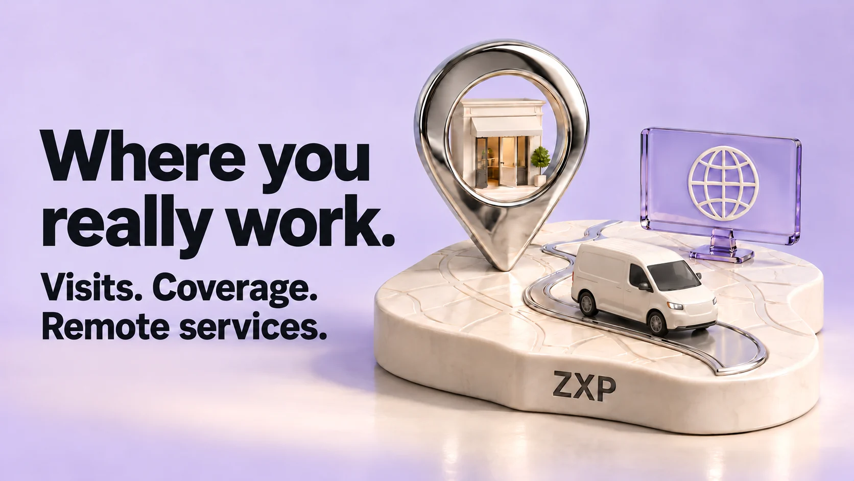 ZXP illustration of a shop inside a location pin, a service van on a route and a screen representing remote work.
