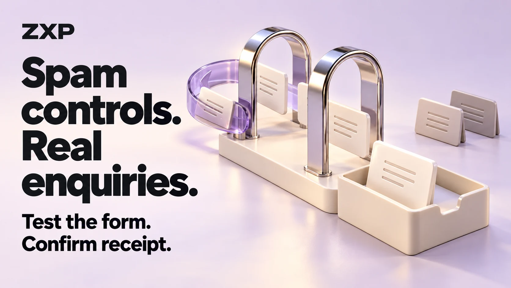 ZXP cover: Spam controls. Real enquiries. Test the form. Confirm receipt. Ivory message cards pass through open chrome arches toward a receiving tray, beside a lavender retry loop.