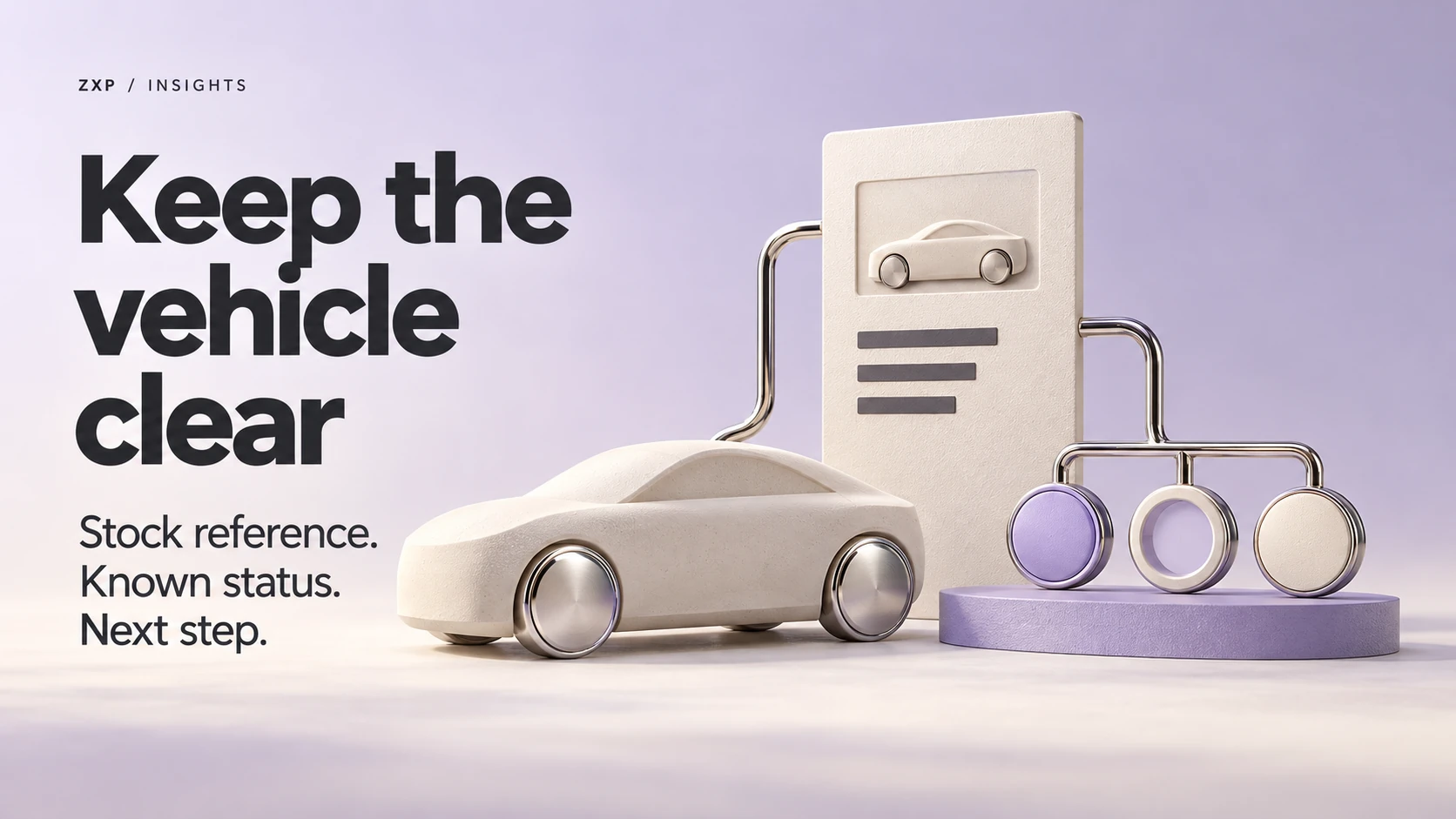 Keep the vehicle clear. Stock reference. Known status. Next step. An ivory vehicle sculpture connects to a matching reference card and three abstract status markers.
